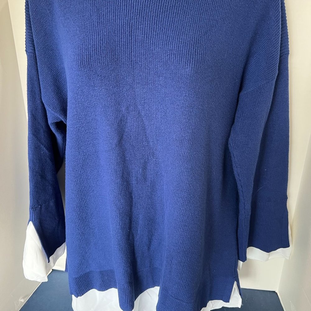 Chico's Blue Knit Trimmed With White Cuff And Hem Sweater